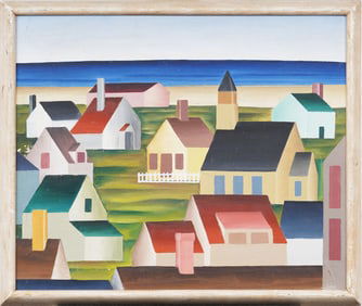 Antique American Precisionist Coastal Beach Town Framed Seascape Oil Painting