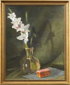 Antique American Impressionist White Lily Flower Still Life Framed Oil Painting