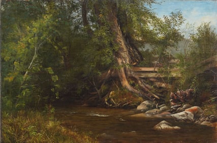 Antique American Hudson River School Trickling Pond Landscape Oil Painting