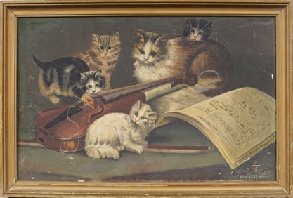 Antique American School 19th Century Folk Art Cat Portrait Violin Still Life Original Oil Painting