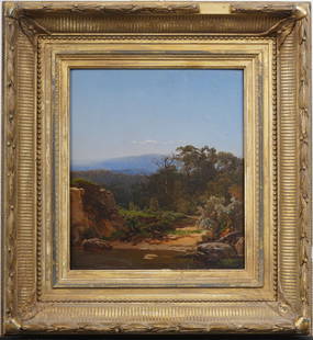 Antique American Nicely Framed Hudson River School Signed Panoramic Landscape Original Oil Painting: Antique American landscape oil painting. Oil on board. Signed. Framed. Measuring: 18 by 17 inches overall, and 10.75 by 9.5 painting alone. Please see all images for condition. Size is measured and wr