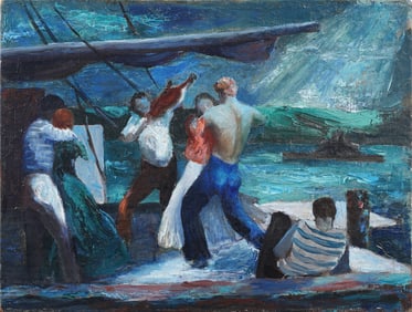 "Dancing on the Deck" Vintage American WPA Modernist Seascape Oil Painting