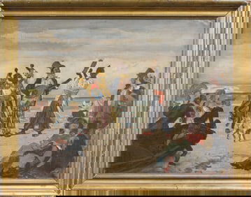 Antique European Beach Scene Figurative Impressionist Framed French Musical Oil Painting