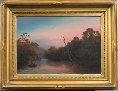 Antique American Hudson River School Southern Sunset Nicely Framed Oil Painting: Antique American sunset landscape oil painting. Oil on board. Framed. Measuring: 21 by 28 inches overall, and 14.5 by 20.5 painting alone. Please see all images for condition. Size is measured and wri
