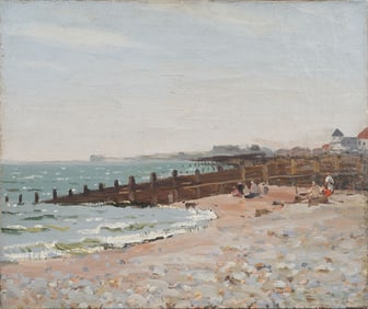 Antique American Impressionist New England Summer Beach Scene Original Oil Painting
