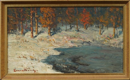 John Joseph Enneking (1841 - 1916) Antique American Winter Impressionist Landscape Oil Painting
