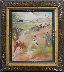 Antique American Flag Modernist Signed Horse Track Framed Ashcan School Equestrian Oil Painting