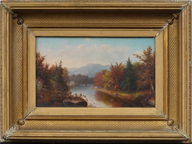 Antique American Framed Hudson River School Fall Landscape 19th Century Original Oil Painting