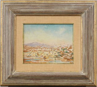 Piraeus Greece Exhibited and Signed Landscape Framed Antique American Original Oil Painting