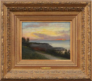 Antique French Sunset Impressionist Barbizon School Framed Signed Landscape Oil Painting