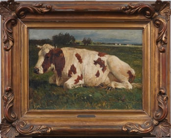 Thomas Ludwig Herbst (1848 - 1915) Framed Prized Cow Lounging Animal Portrait Oil Painting