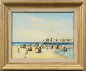 Vintage American Impressionist Busy Summer Beach Scene Framed New England Oil Painting