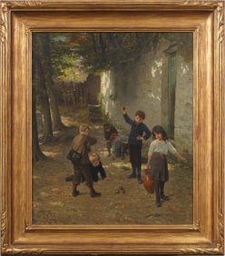 Paul Seignac (1826 - 1904) Signed French Impressionist Kids Playing Painting Newcomb Macklin Frame