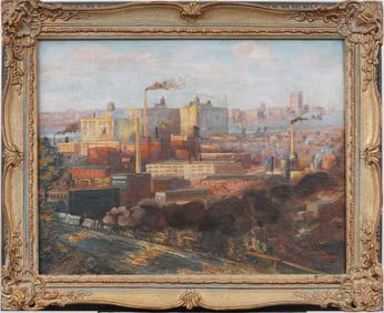 Early Large Antique American Impressionist Cityscape Framed Industrial Signed Original Oil Painting