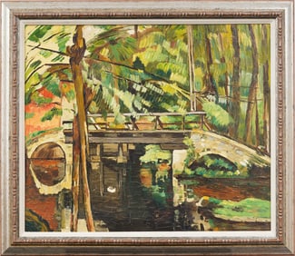 Vintage American School Cubist Abstract Framed Landscape Oil Painting