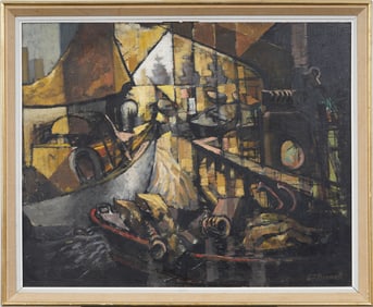 Large Signed Bennett American or European Modernist Cityscape Framed Cubist Oil Painting