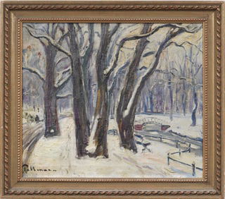 Kurt Pallmann (1886 - 1952) Antique German Winter Snow Covered Park Landscape Original Oil Painting