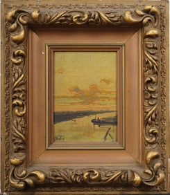 Antique American School Sunset Marsh Landscape Signed and Framed Oil Painting