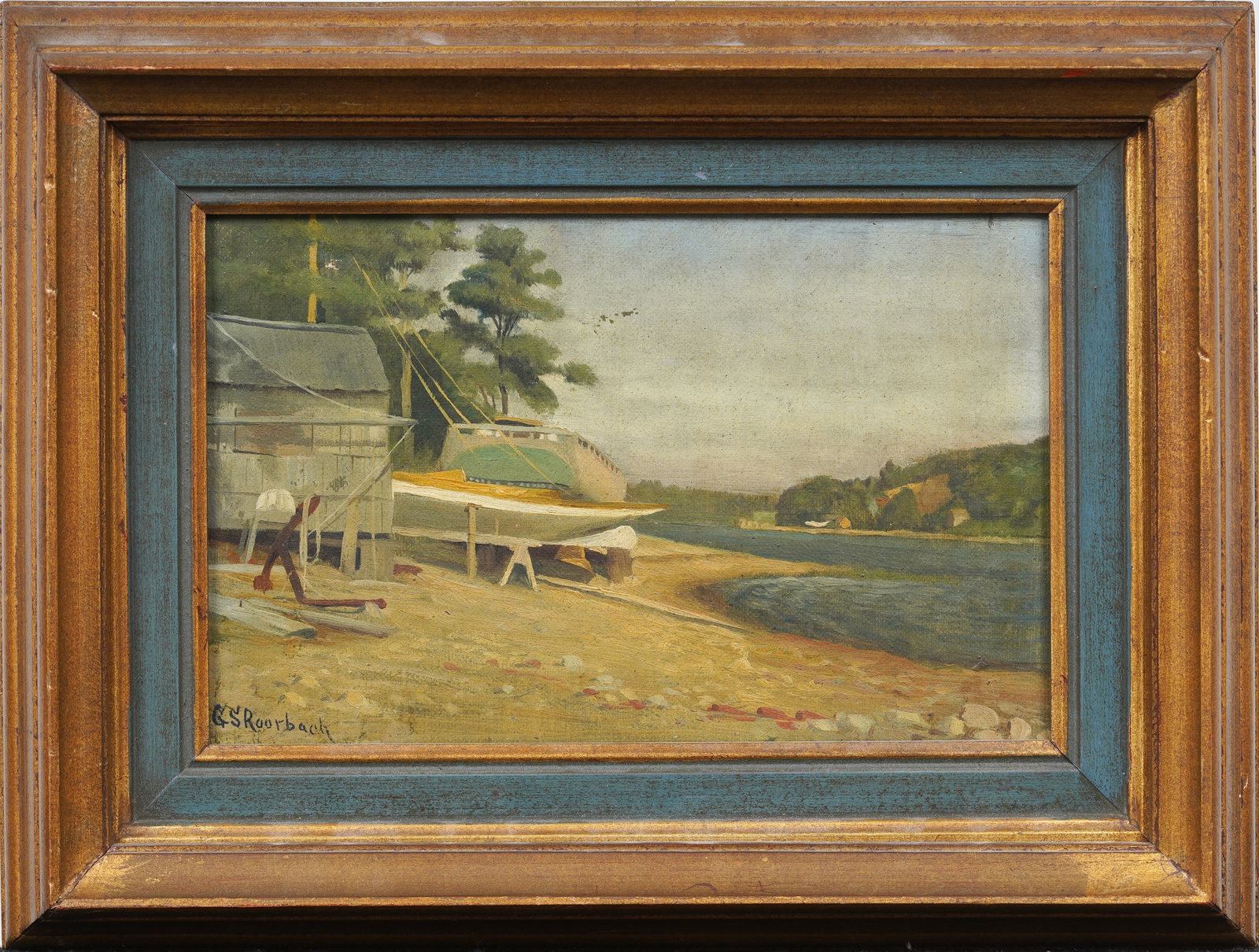 George Seldon Roorbach (1860-1930) Antique American Dry Dock Seascape Signed Oil Painting: Antique American tranquil lake oil painting. Oil on board. Signed. Framed. Measuring: 11 by 14 inches overall, and 8.25 by 11.5 painting alone. Please see all images for condition. Size is measured an