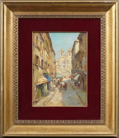 Antique Italian Impressionist Street Scene Framed Signed Oil Painting