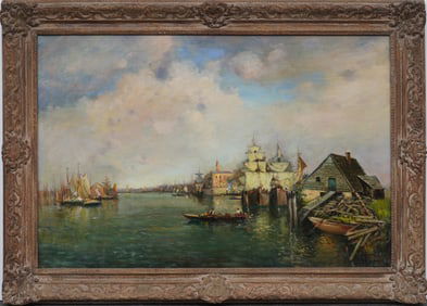 Nicholas Briganti (1861 - 1944) Antique Italian American Venice Seascape Signed Large Oil Painting