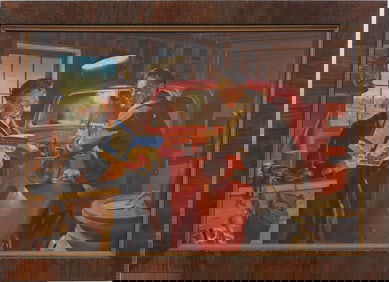 Al Moore (1912 - 1991) Antique American 1932 Studebaker Truck Garage Illustration Painting