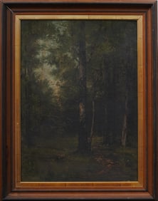 Antique American Hudson River School Forest Interior Framed Landscape Oil Painting