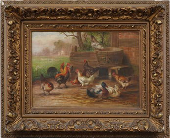 August Laux (1853 - 1921) Antique American Bucolic Landscape Chickens Grazing Framed Oil Painting