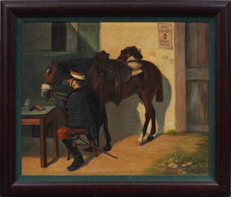 Large Antique European Army Guard and Horse Framed Oil Painting