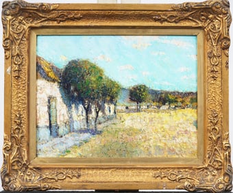 Antique European Impressionist Summer Landscape Framed Signed Oil Painting