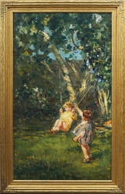 Large Antique American Impressionist Kids Swinging Signed Framed Original Oil Painting