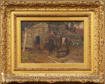 Antique European Impressionist Family Portrait Framed 19th Century Genre Scene Oil Painting