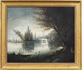 Antique French Barbizon School Framed River Landscape Oil Painting