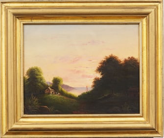 Hannah Rutan Signed Antique American School Sunset Landscape Framed Original Oil Painting
