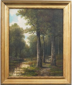 Antique American Hudson River School Forest Interior Signed Framed Original Oil Painting