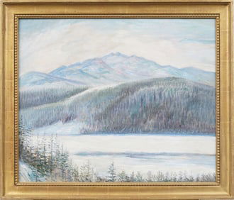 Antique European Impressionist Frozen Lake Winter Snow Landscape Framed Oil Painting