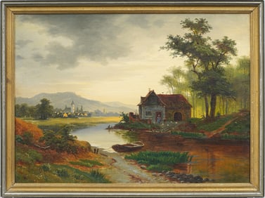 Signed Antique European Lake Landscape Framed Castle View Original Oil Painting
