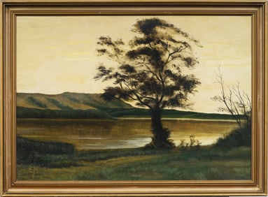 Antique Monogrammed European Impressionist Landscape Gold Giltwood Framed Original Oil Painting