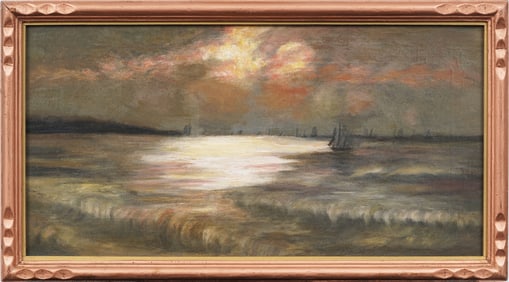Antique American or European Impressionist Sunset Harbor Seascape Sailboat Original Oil Painting
