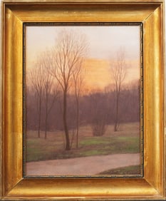Signed Antique European Luminous Sunset Park Scene Gold Giltwood Frame Original Oil Painting