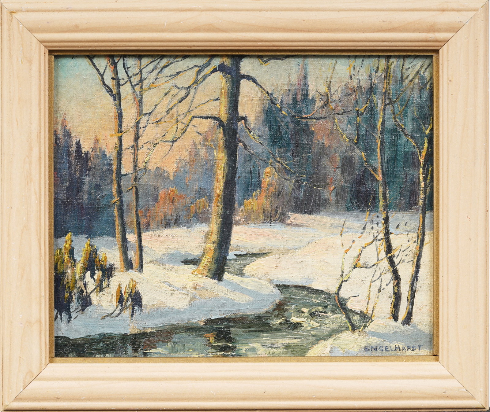 Edna Palmer Engelhardt (1897 - 1991) Antique Signed Female Impressionist Winter Landscape Painting: Antique American oil painting. Oil on canvasboard. Signed. Framed. Measuring: 10 by 12 inches overall, and 8 by 10 painting alone. Please see all images for condition. Size is measured and written on 