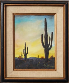 Antique American Impressionist Sunset Western Cactus Landscape Framed Oil Painting