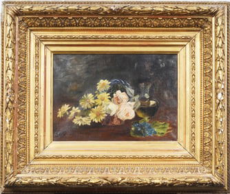 Large Antique French Impressionist Rose Flower Still Life Signed Wide Gold Frame Oil Painting