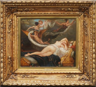 Antique French Old Master Sleeping Nude Woman Symbolist Portrait Framed Oil Painting