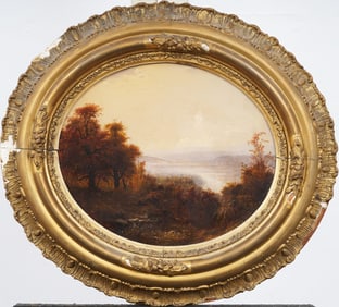 Antique American Hudson River School Fall Landscape Framed Oil Painting