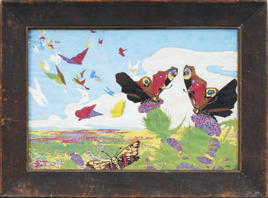 Antique American School Modernist Surreal Butterfly Landscape Framed Monogrammed Painting