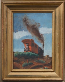 Antique American WPA Regionalist Train Landscape Benton School Framed Original Oil Painting
