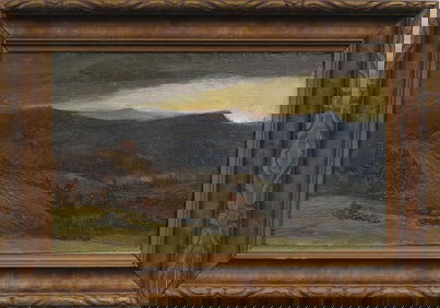 Antique American Hudson River School Nocturnal Sunset Landscape Framed Original Oil Painting