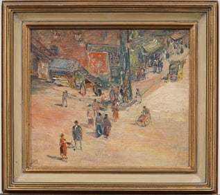 Wonderful Antique American Ashcan School Signed New York City Street Scene Original Oil Painting