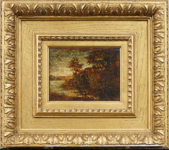Ralph Albert Blakelock (1847 - 1919) Antique American Modernist Sunset Landscape Oil Painting: Antique American modernist oil painting by Ralph Albert Blakelock (1847 - 1919). Oil on canvas. Signed. Framed. Measuring: 13 by 15 inches overall, and 4.75 by 6.5 painting alone. Please see all image